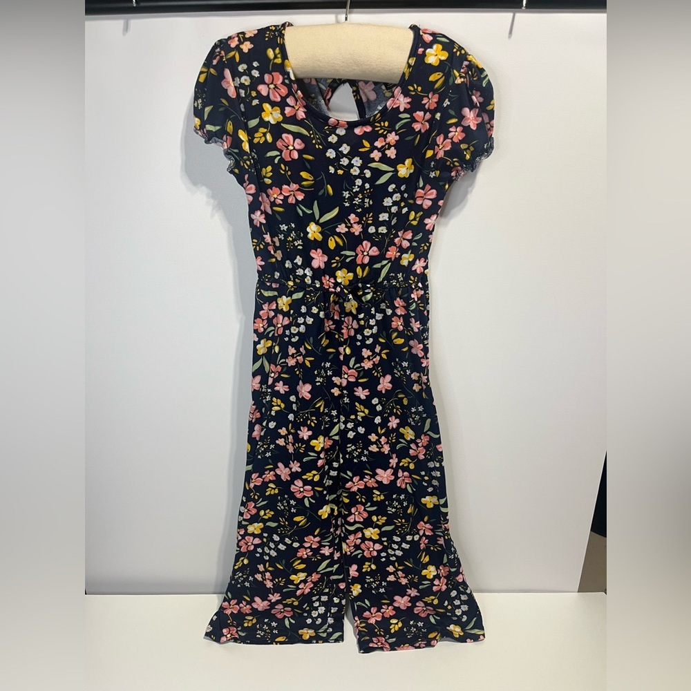 Navy Blue Floral Jumpsuit Romper with Short sleeves Girls Size 6